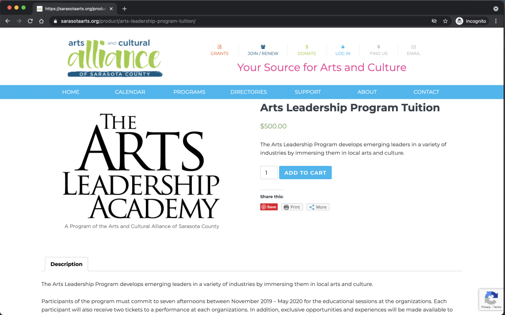 sarasotaarts ecommerce page