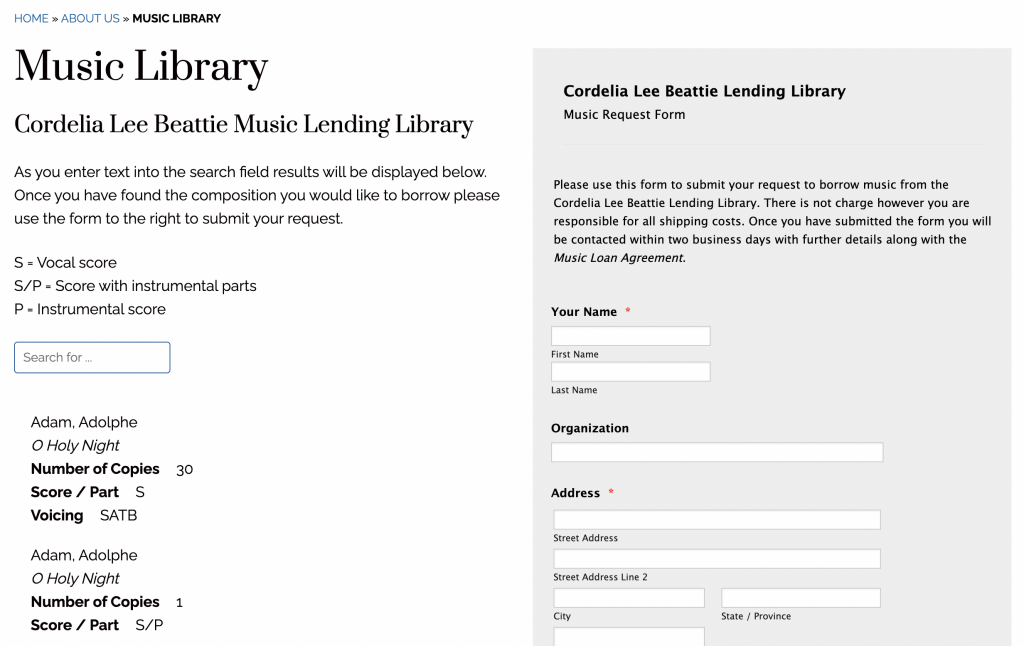Choral Artists of Sarasota library page design