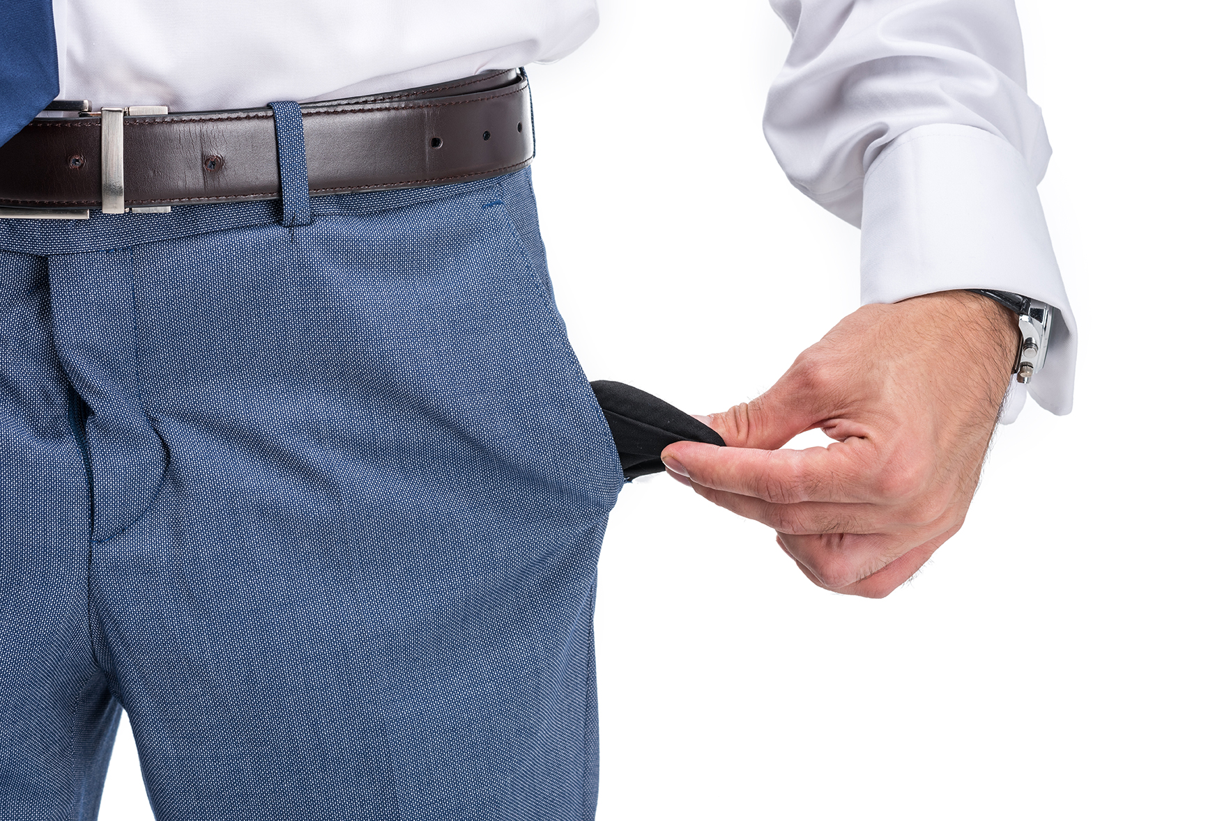 cropped view of poor businessman with empty pocket, isolated on white