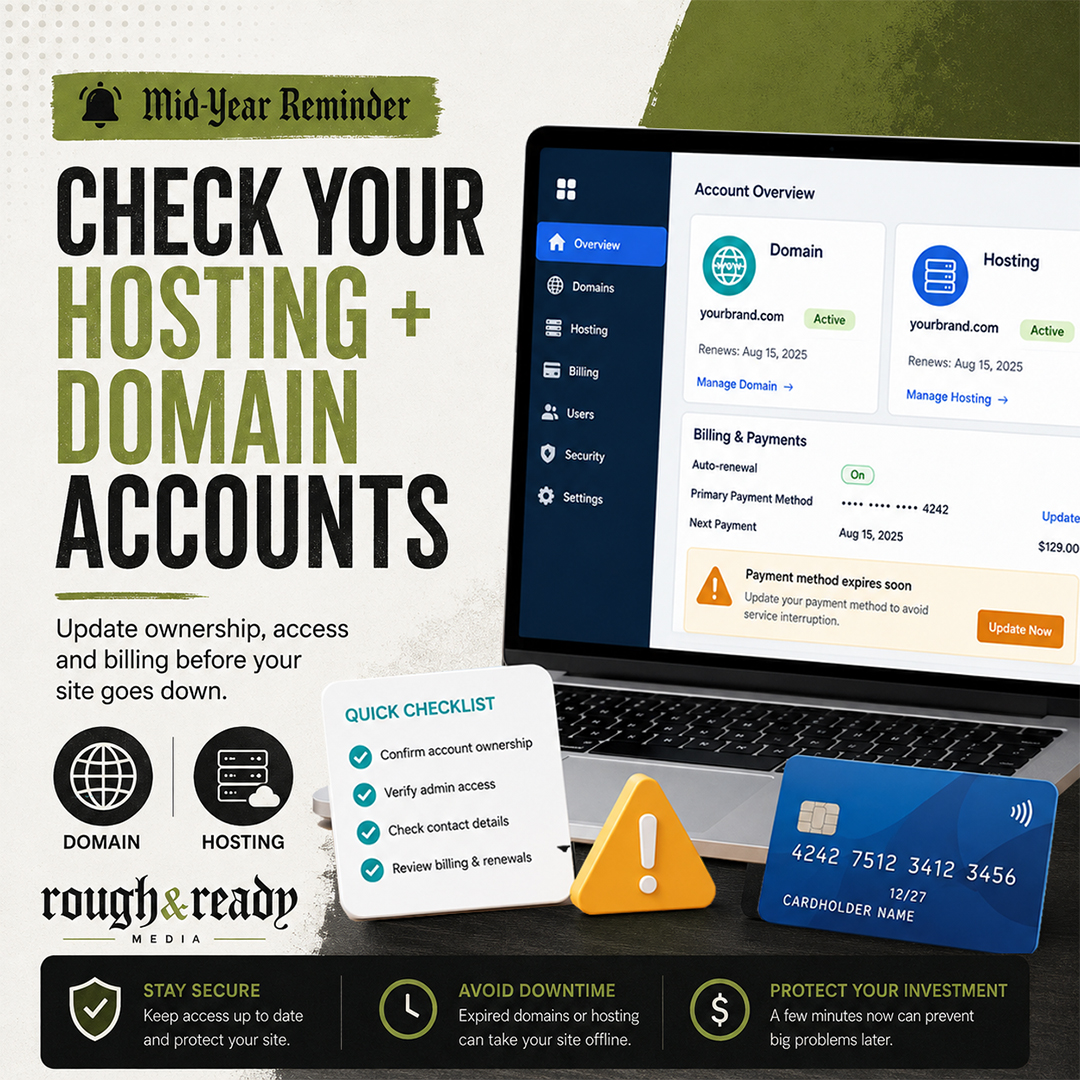Mid-year website account reminder from Rough & Ready Media featuring a laptop, hosting checklist and credit card. Text encourages businesses to review account ownership, contact information, login access, automatic renewals and domain settings to prevent website downtime.