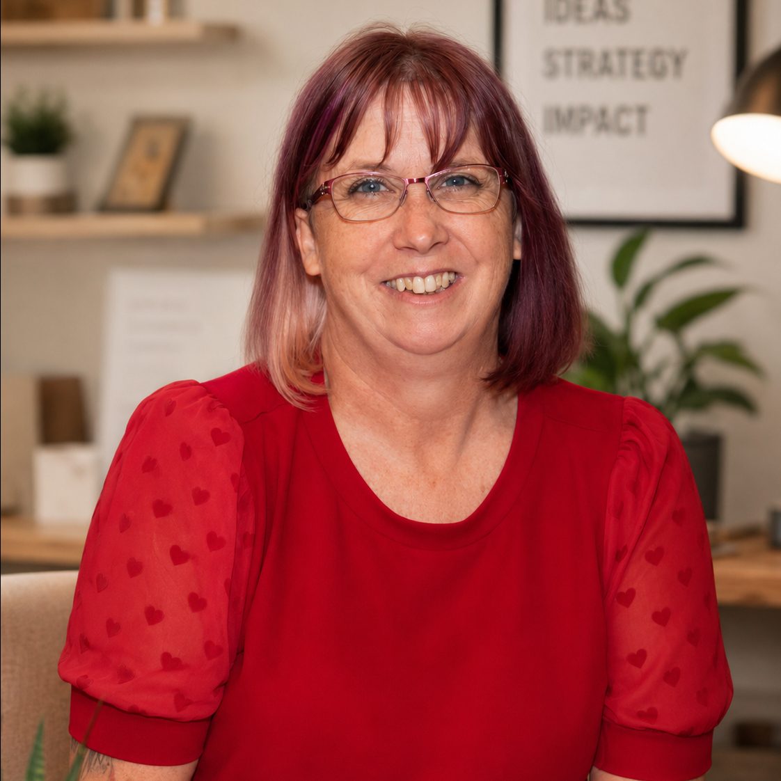 Michelle Greene, founder of Rough & Ready Media, smiling at a desk in a red shirt with an office background.