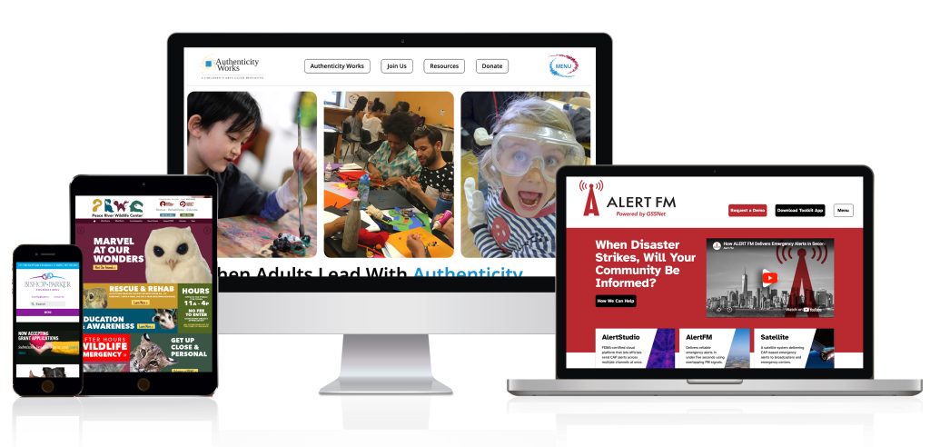 Responsive website mockups by Rough & Ready displayed across desktop, laptop, tablet, and mobile screens, showcasing creative web design projects for nonprofit, education, emergency alert, and animal rescue organizations.
