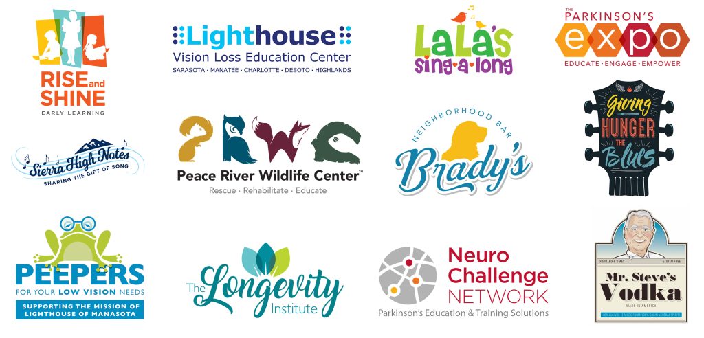 Collection of colorful logo designs created by Rough & Ready for nonprofit, education, health, wildlife, music, and community-focused organizations.